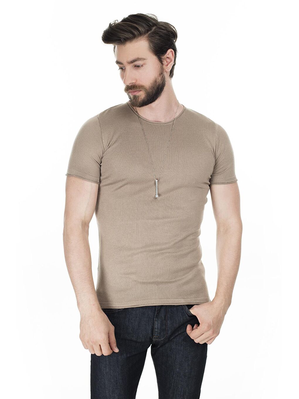 Bej Kısa Kol Bisiklet Yaka Triko T Shirt ABK60004LNS