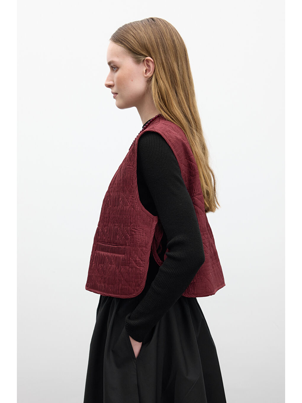 Kapitone Nakışlı Yelek Bordo-4