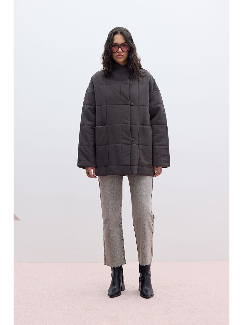 Yüksek Yaka Kapitone Mont Antrasit-1