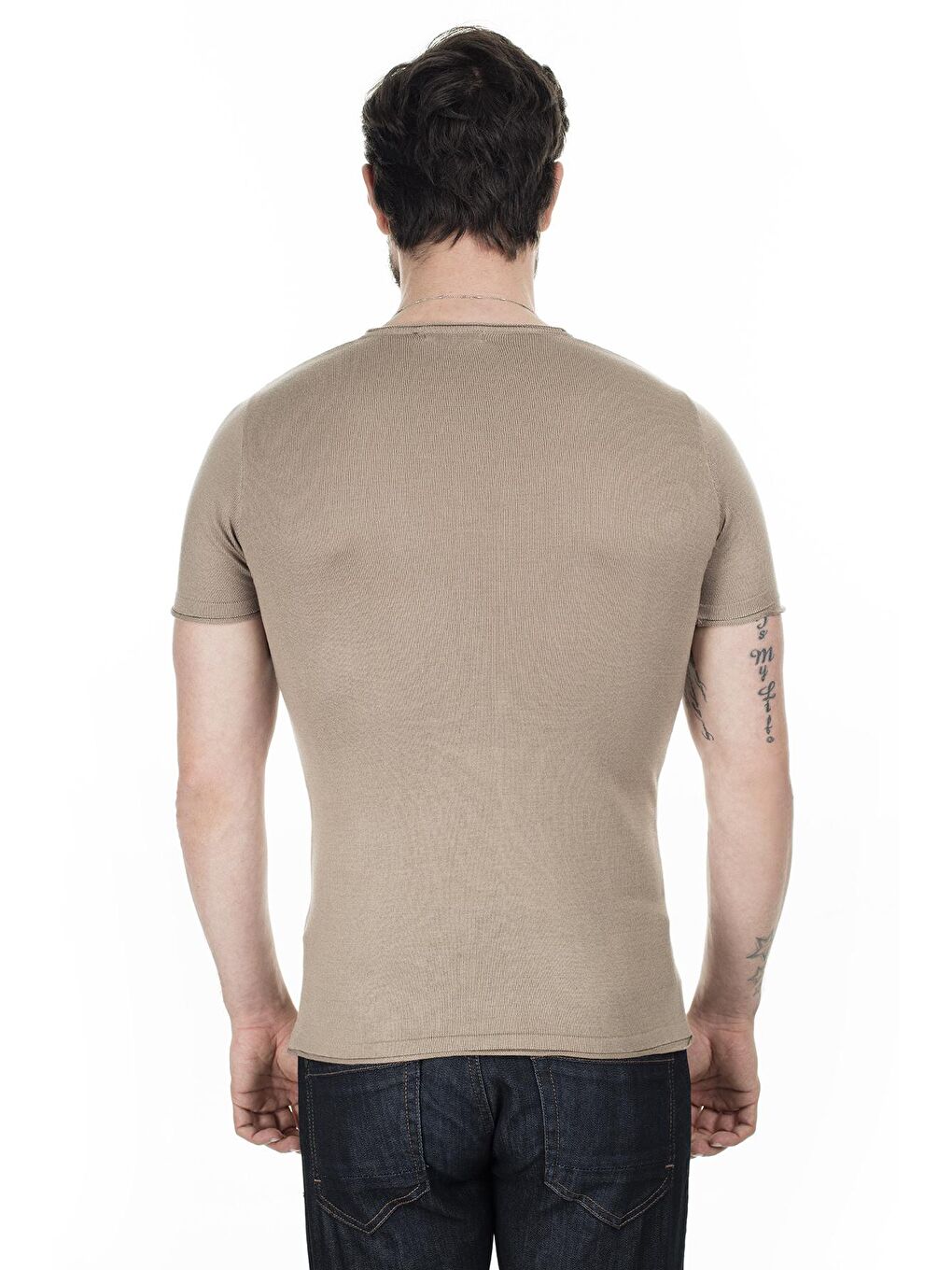 Bej Kısa Kol Bisiklet Yaka Triko T Shirt ABK60004LNS-1