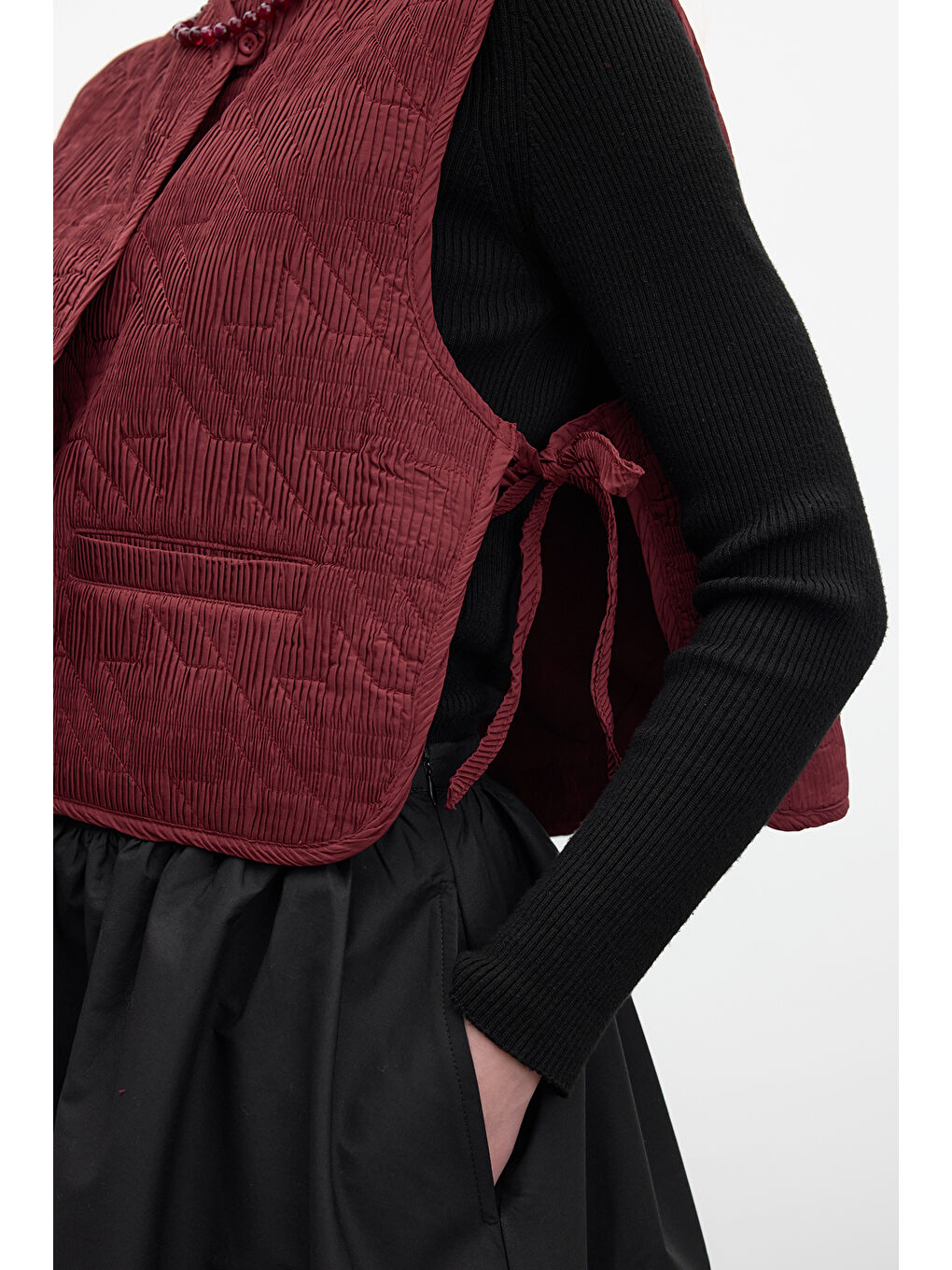 Kapitone Nakışlı Yelek Bordo-5