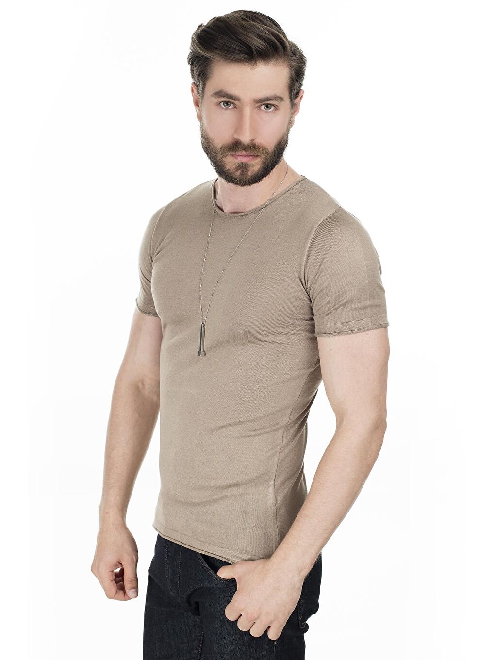 Bej Kısa Kol Bisiklet Yaka Triko T Shirt ABK60004LNS-2