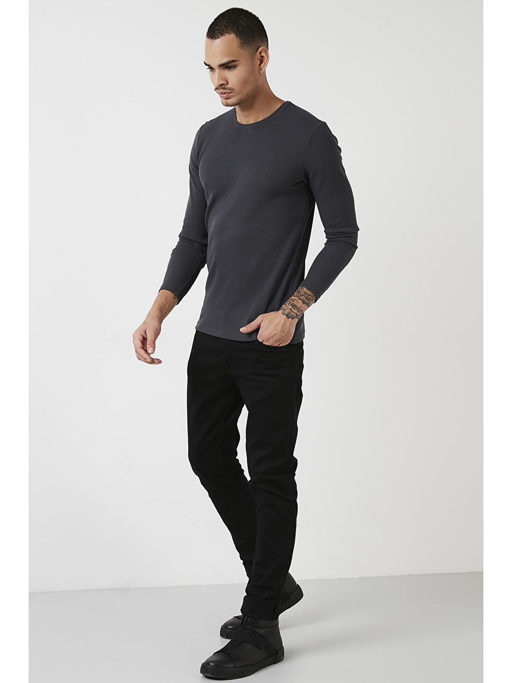 Buratti Antrasit Pamuklu Bisiklet Yaka Slim Fit Basic Sweat 5905073 - 3