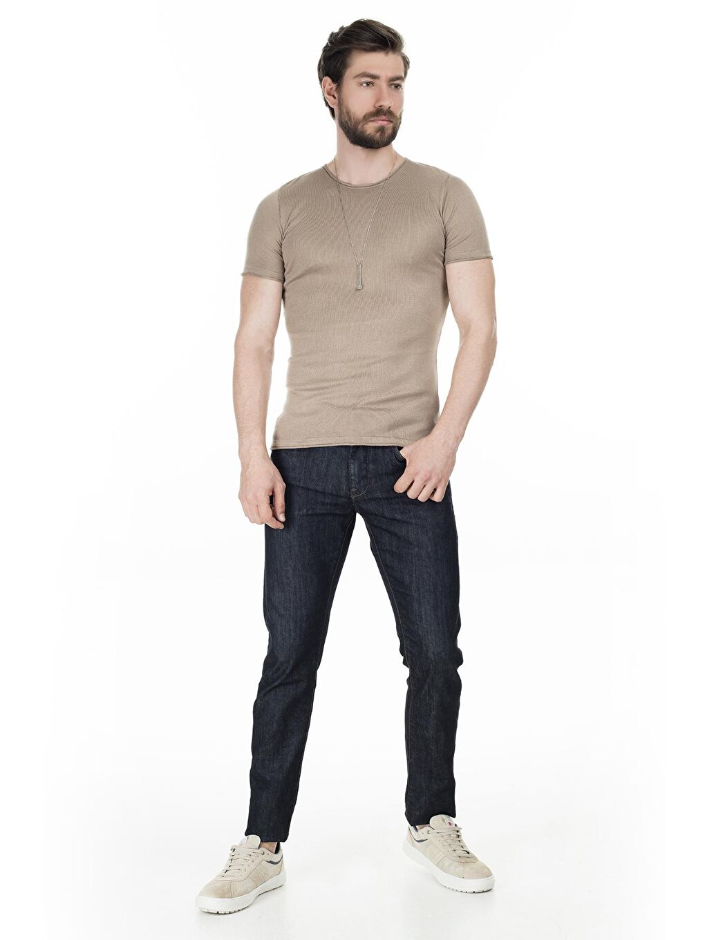 Bej Kısa Kol Bisiklet Yaka Triko T Shirt ABK60004LNS-3