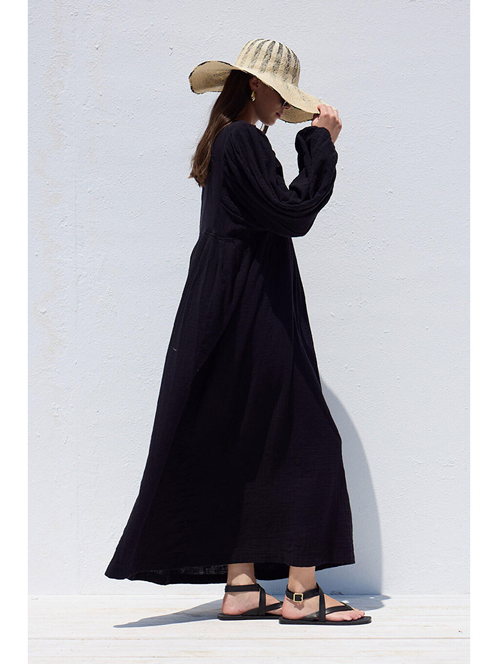 Pile Detaylı Müslin Elbise Siyah-1