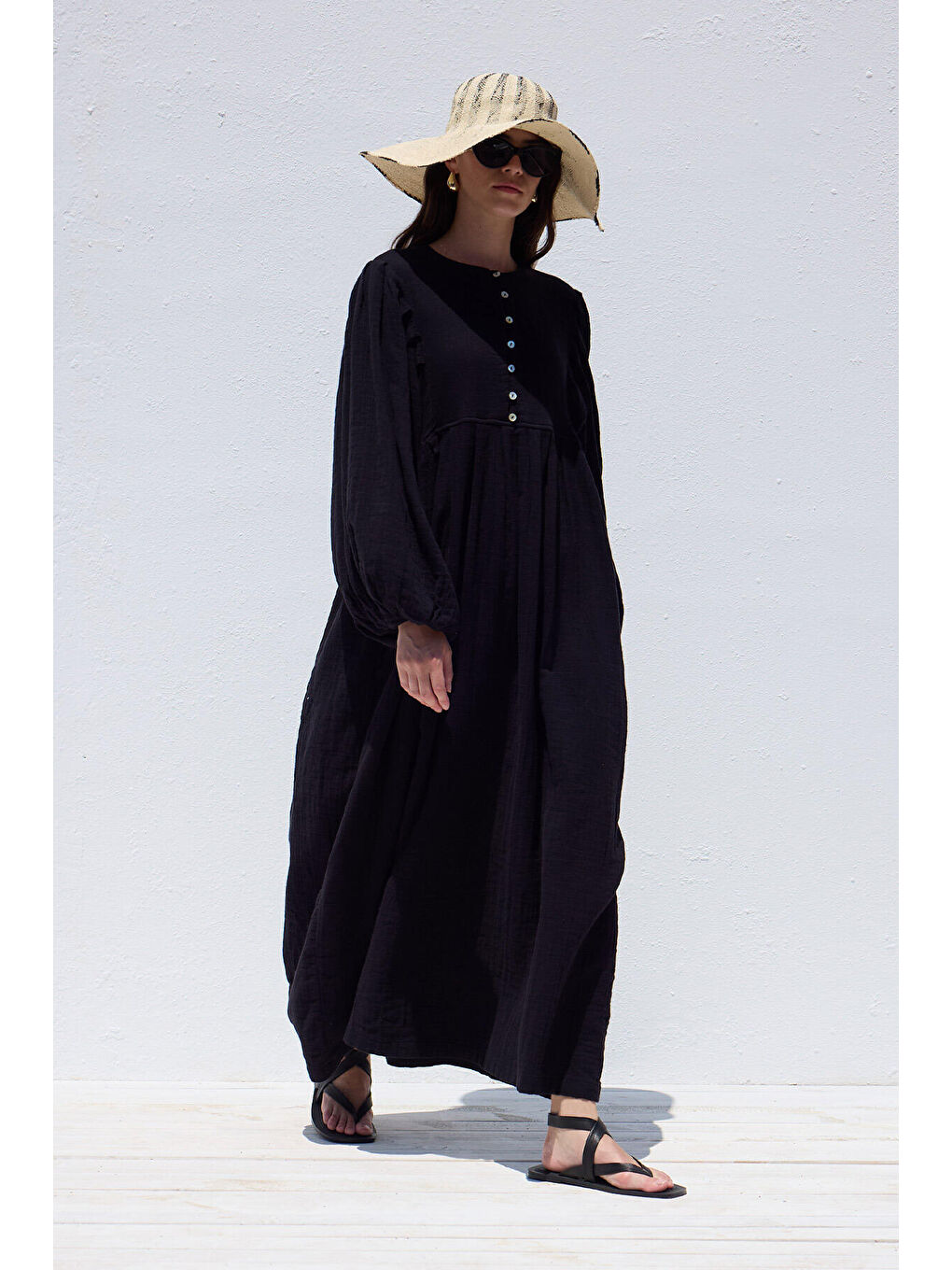 Pile Detaylı Müslin Elbise Siyah-2