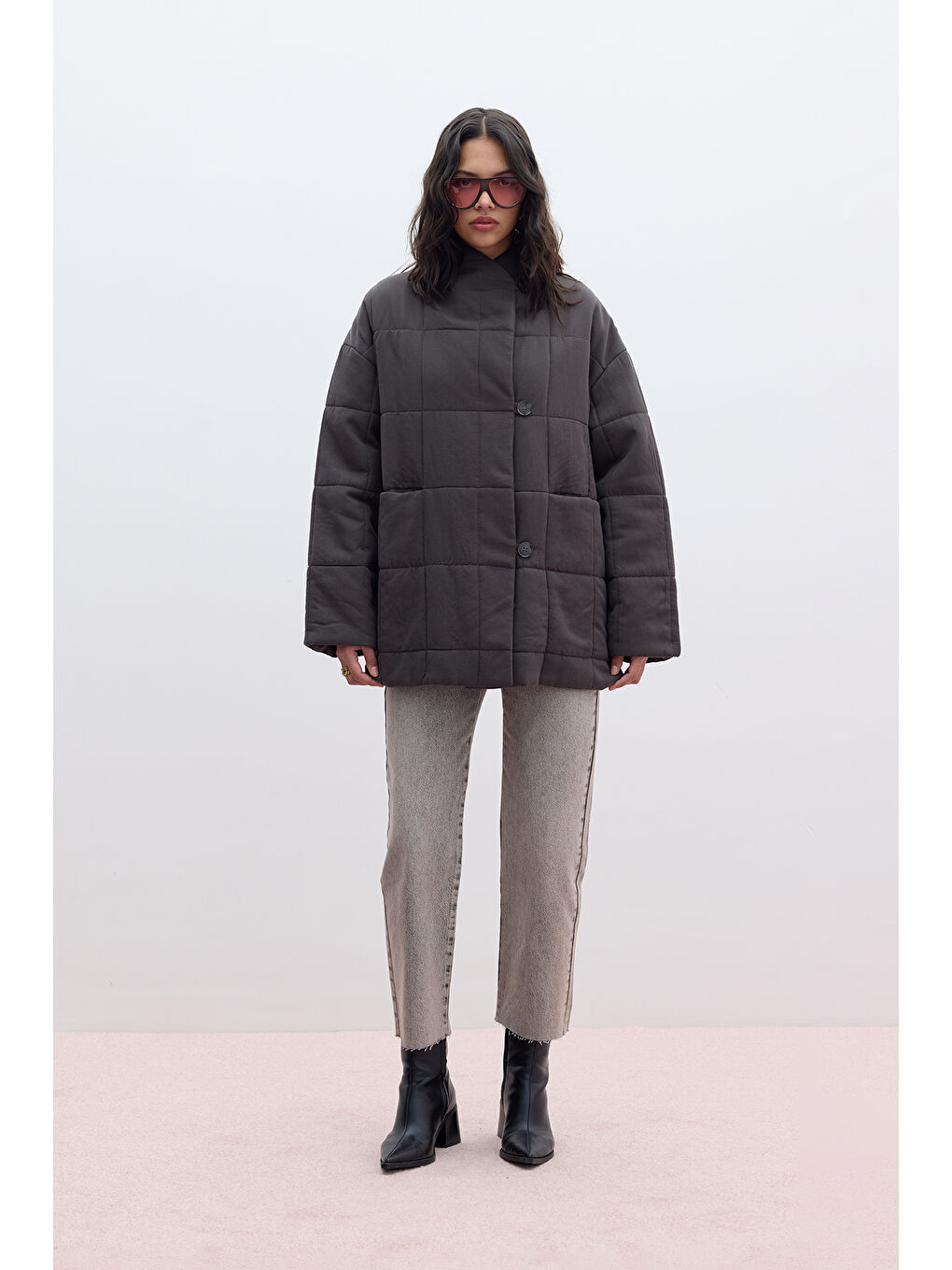 Yüksek Yaka Kapitone Mont Antrasit-2