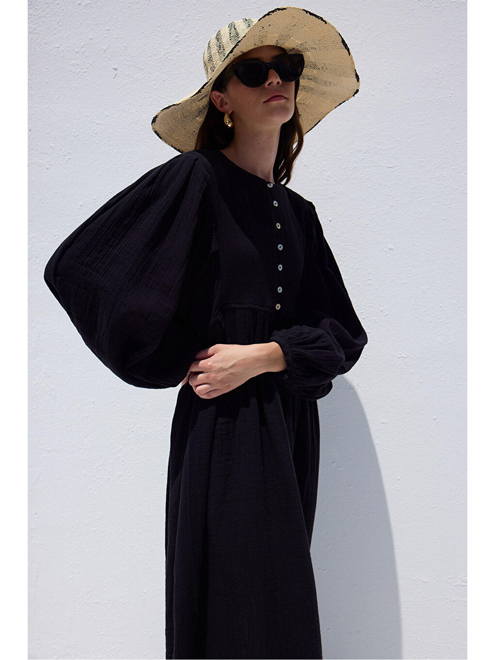 Pile Detaylı Müslin Elbise Siyah-3