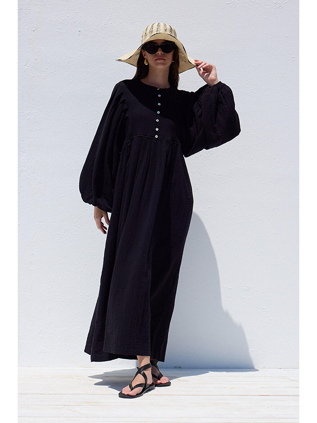 Pile Detaylı Müslin Elbise Siyah-4