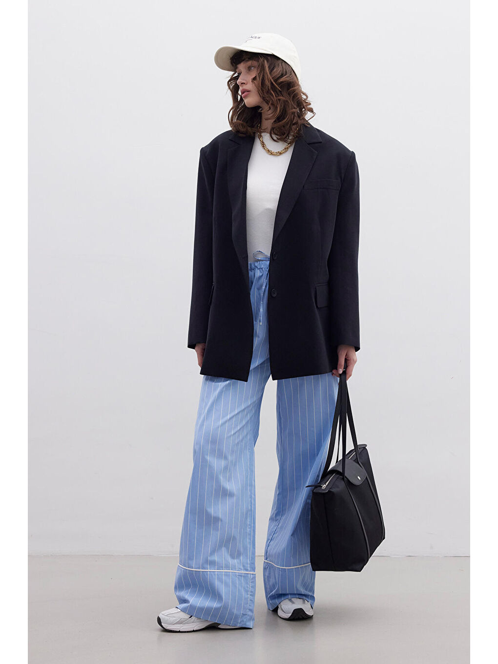 Çizgili Rahat Pantolon Mavi-2