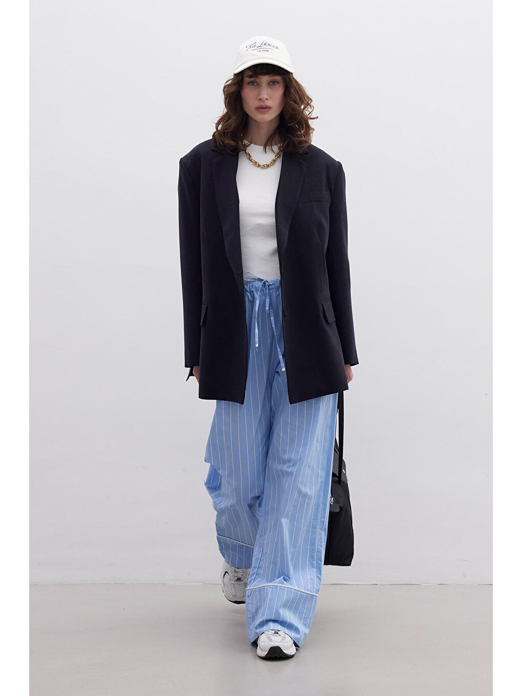 Çizgili Rahat Pantolon Mavi-3