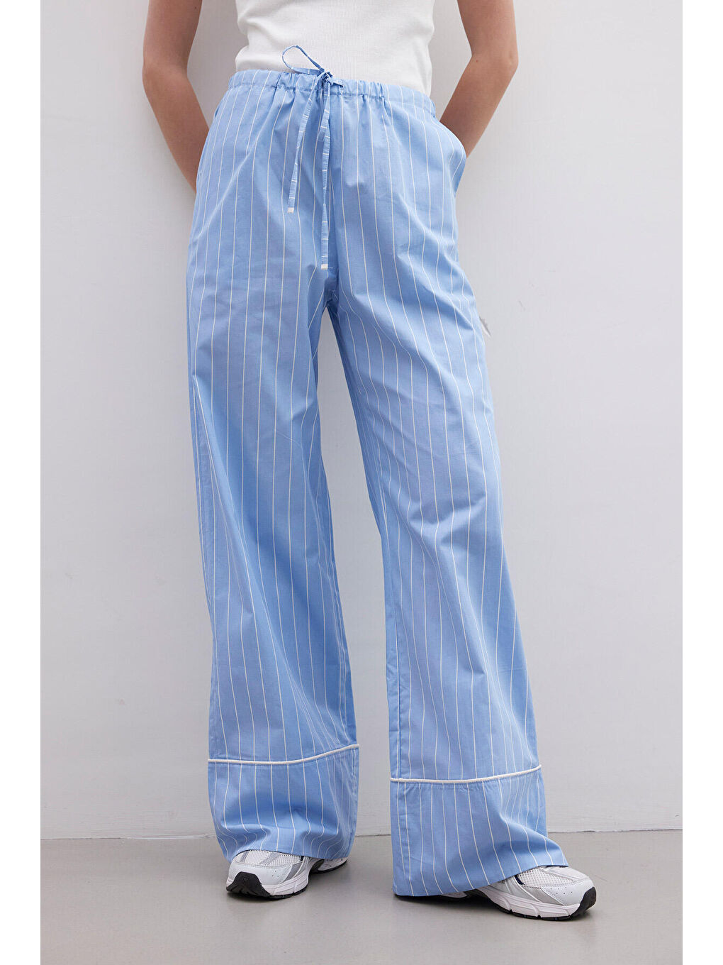 Çizgili Rahat Pantolon Mavi-4