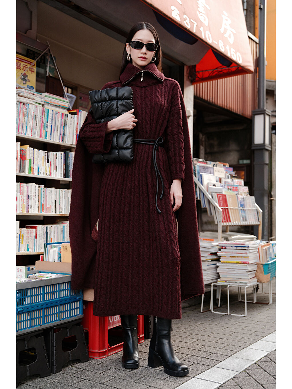 Saç Örgülü Triko Elbise Bordo