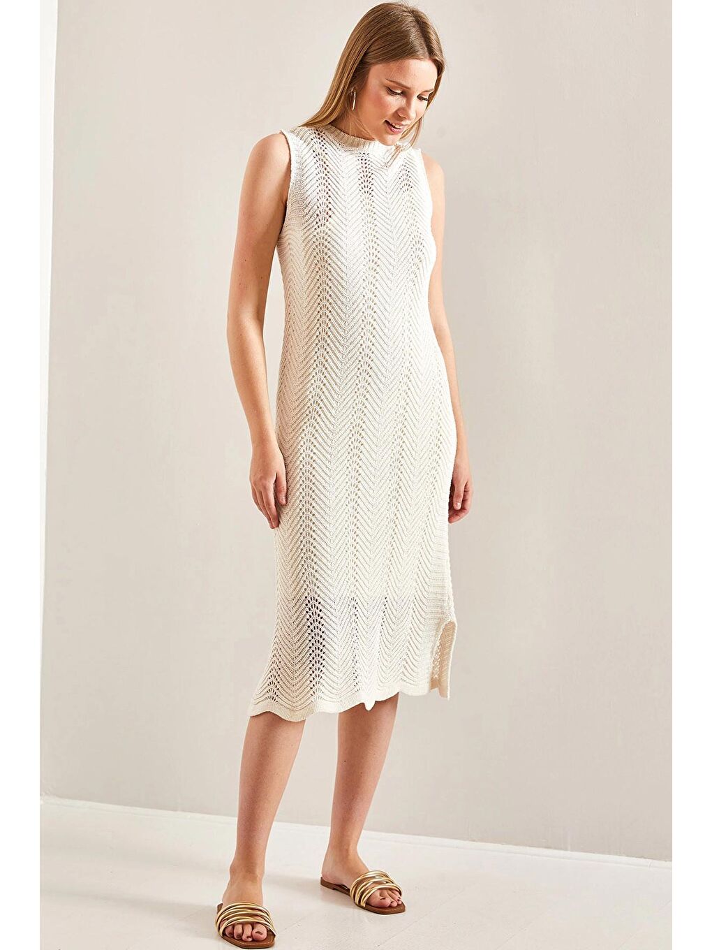 Ekru Kadın Desenli Astarlı Yazlık Triko Elbise-2