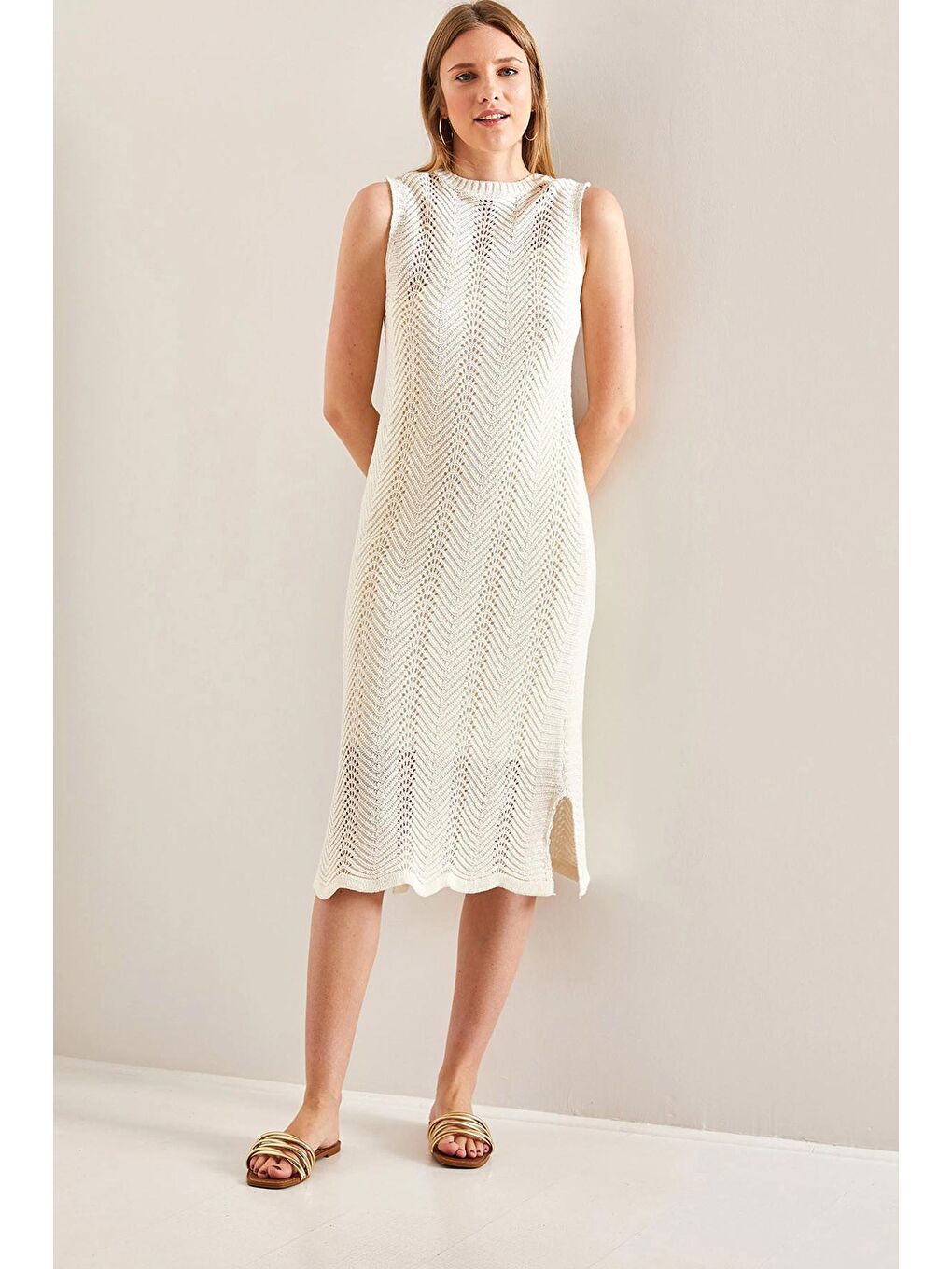 Ekru Kadın Desenli Astarlı Yazlık Triko Elbise-3