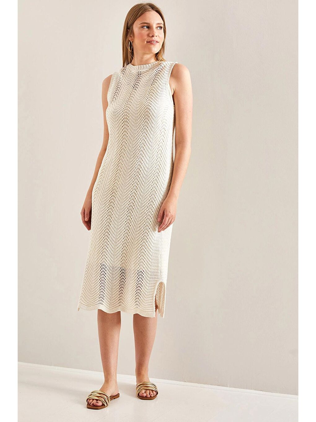 Ekru Kadın Desenli Astarlı Yazlık Triko Elbise-4