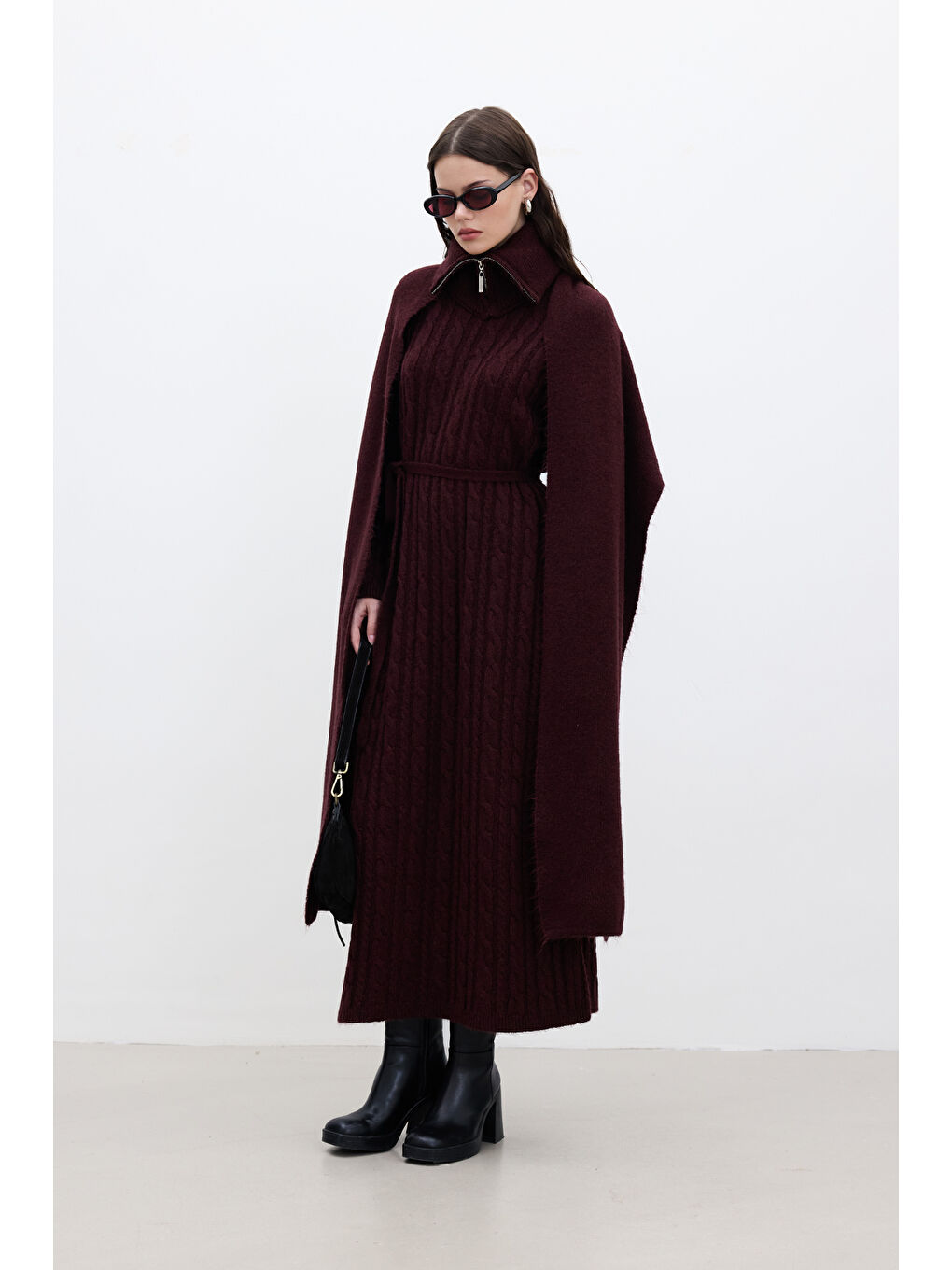 Saç Örgülü Triko Elbise Bordo-1