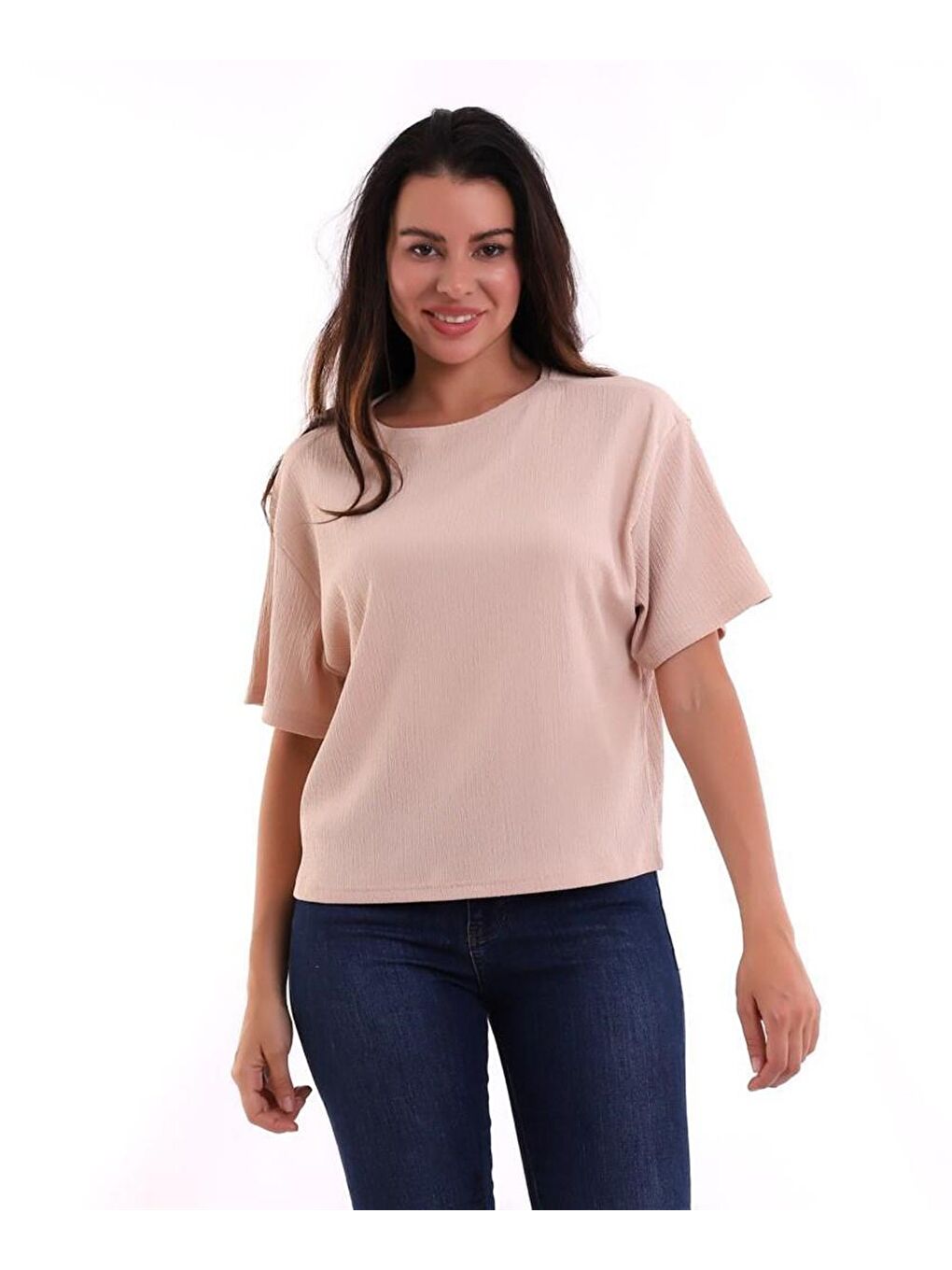 Bej Oversize Bürümcük Kumaş Kadın Tişört