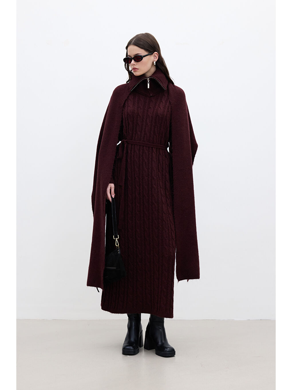 Saç Örgülü Triko Elbise Bordo-2