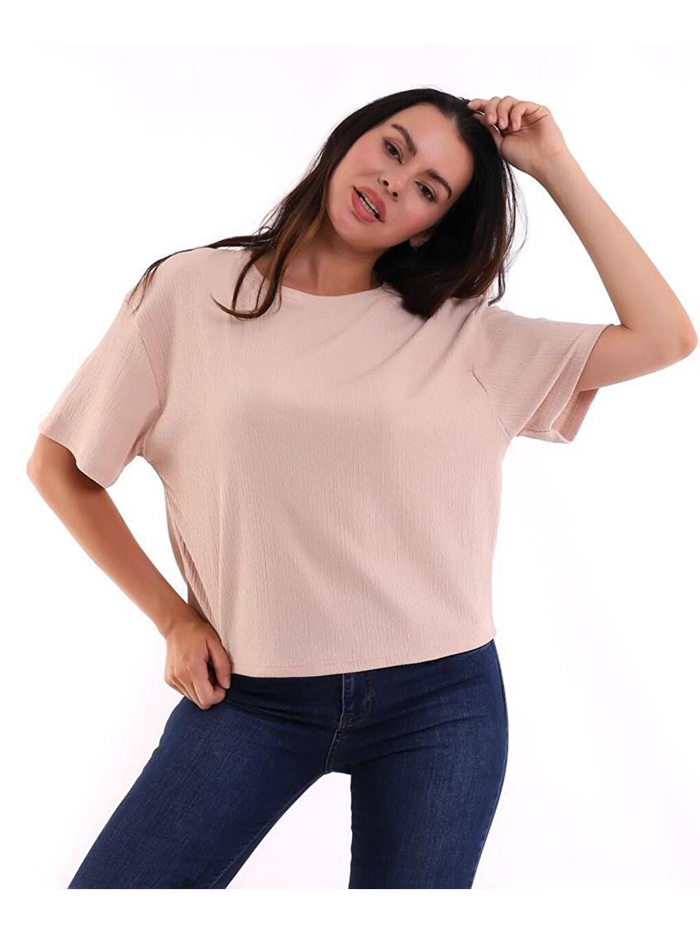 Bej Oversize Bürümcük Kumaş Kadın Tişört-1