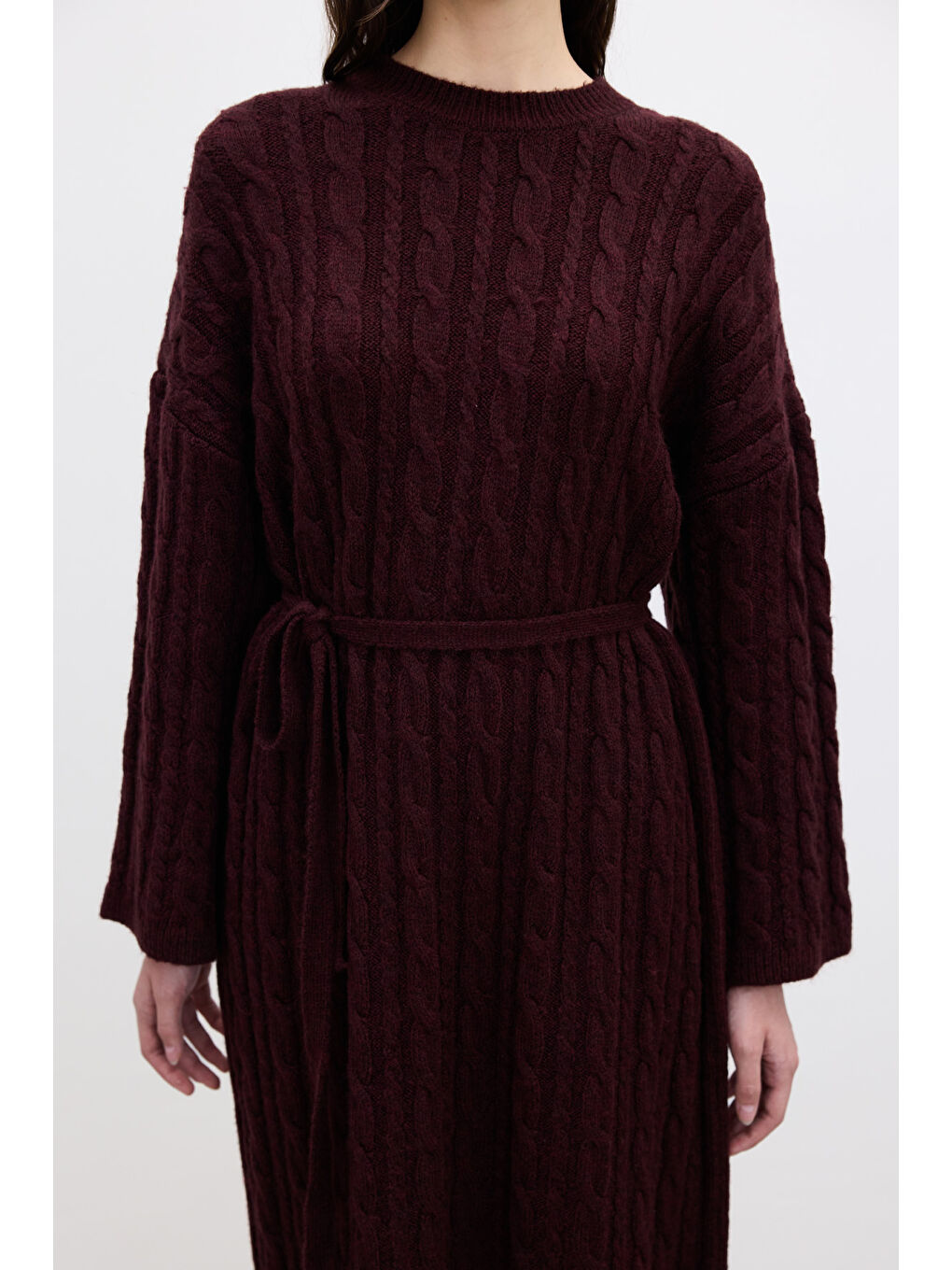 Saç Örgülü Triko Elbise Bordo-3