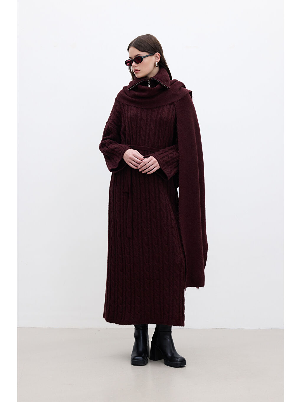 Saç Örgülü Triko Elbise Bordo-4