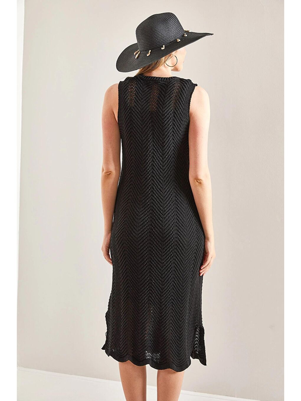 Siyah Kadın Desenli Astarlı Yazlık Triko Elbise-1