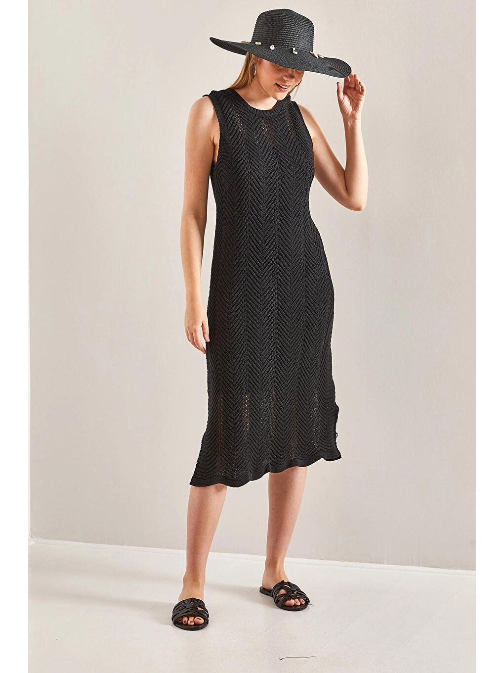 Siyah Kadın Desenli Astarlı Yazlık Triko Elbise-2