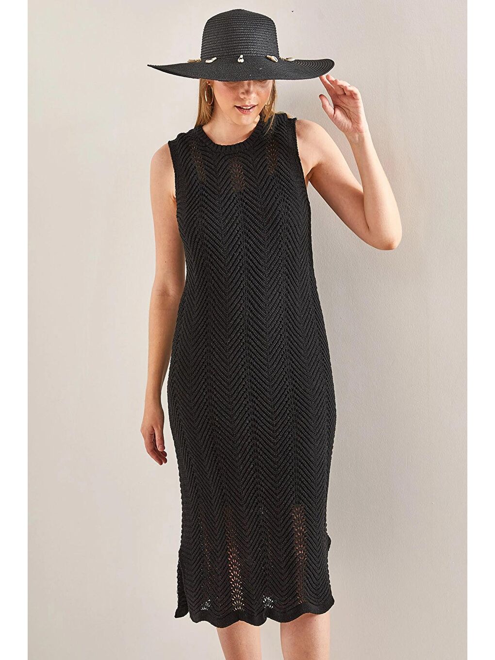 Siyah Kadın Desenli Astarlı Yazlık Triko Elbise-3