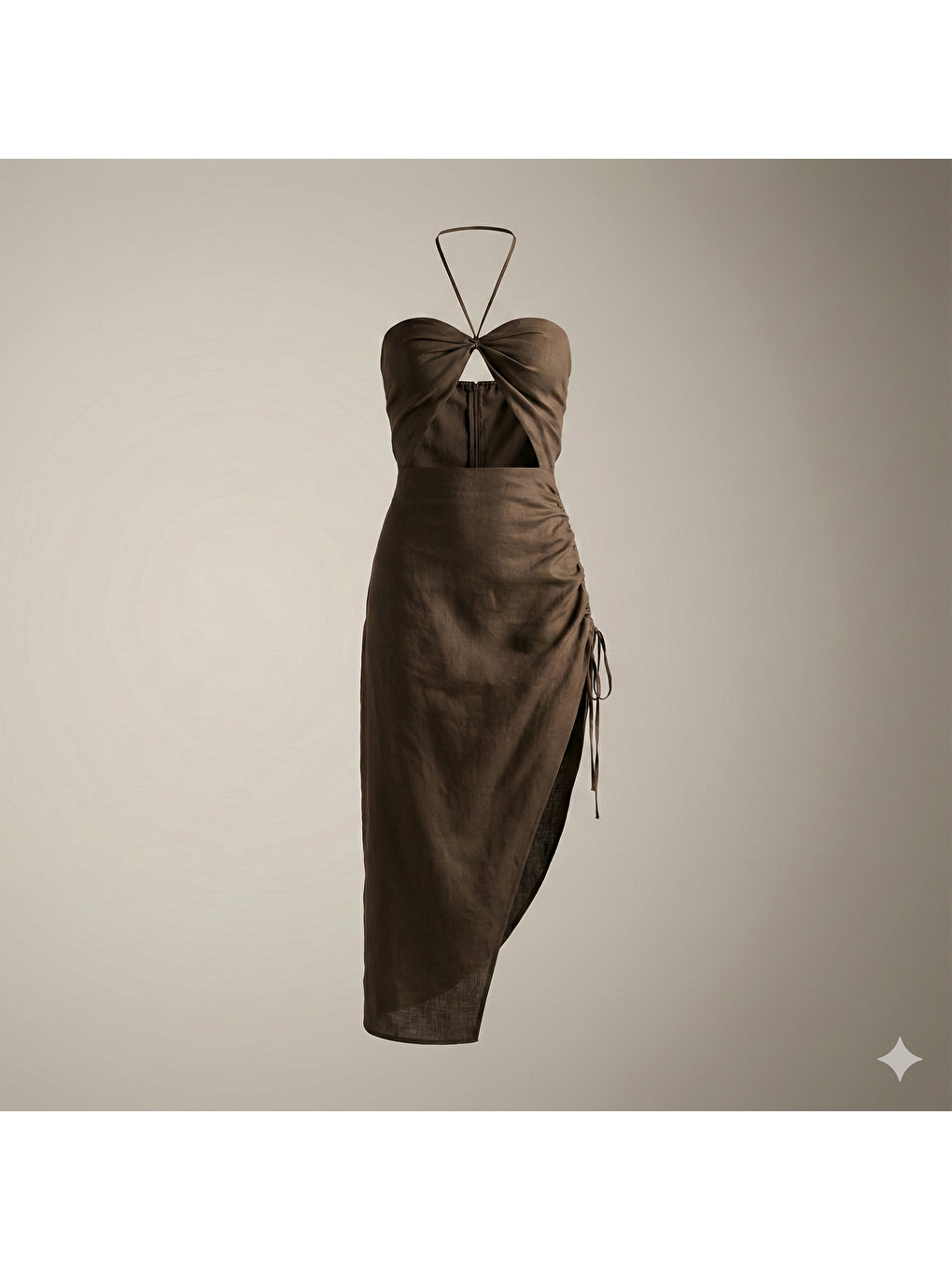 Kahverengi Abrossa Boyundan Bağcıklı Asimetrik Kahve Keten Elbise