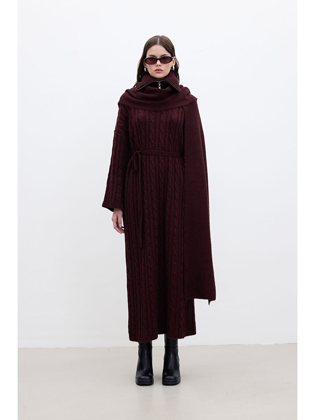 Saç Örgülü Triko Elbise Bordo-5