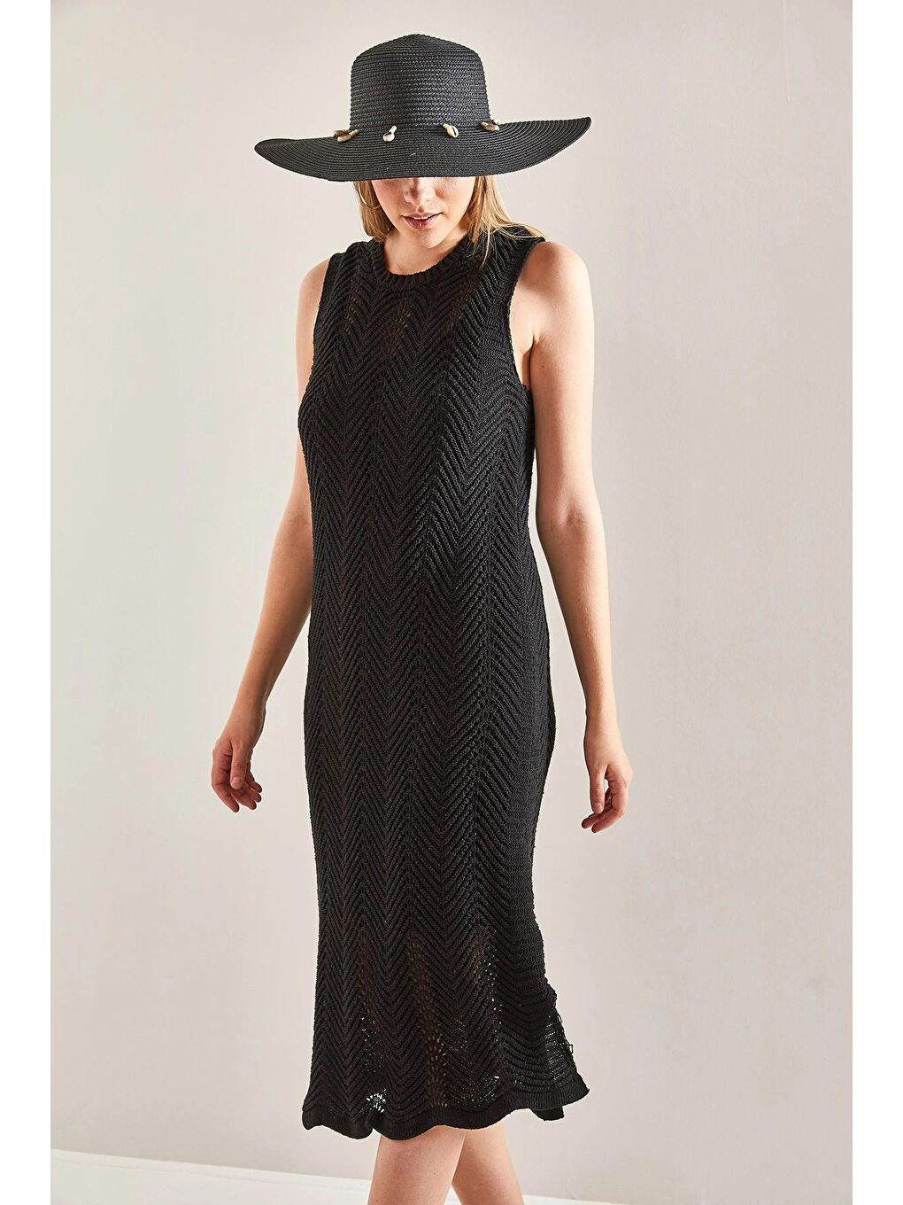 Siyah Kadın Desenli Astarlı Yazlık Triko Elbise-4