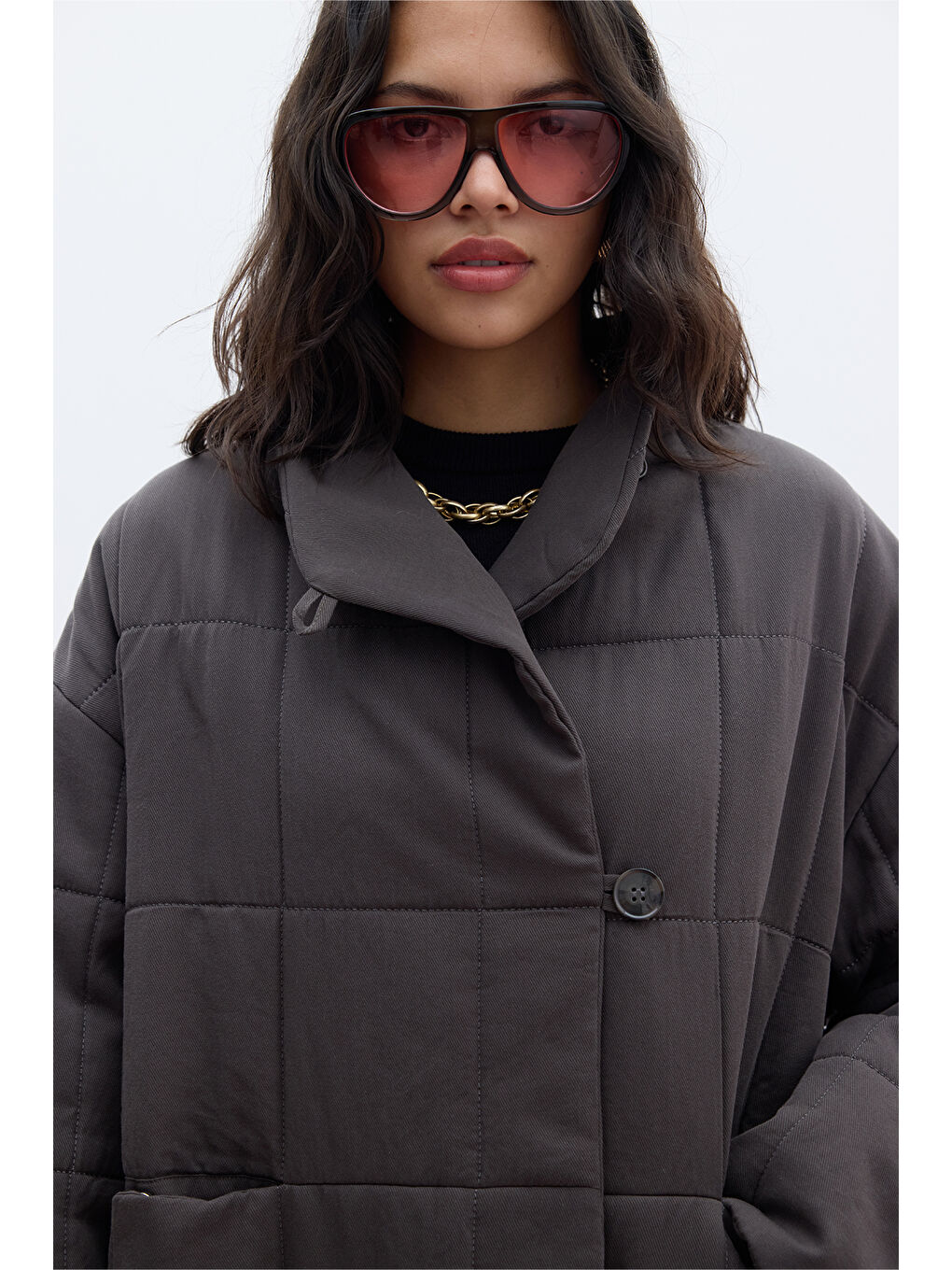 Yüksek Yaka Kapitone Mont Antrasit-4