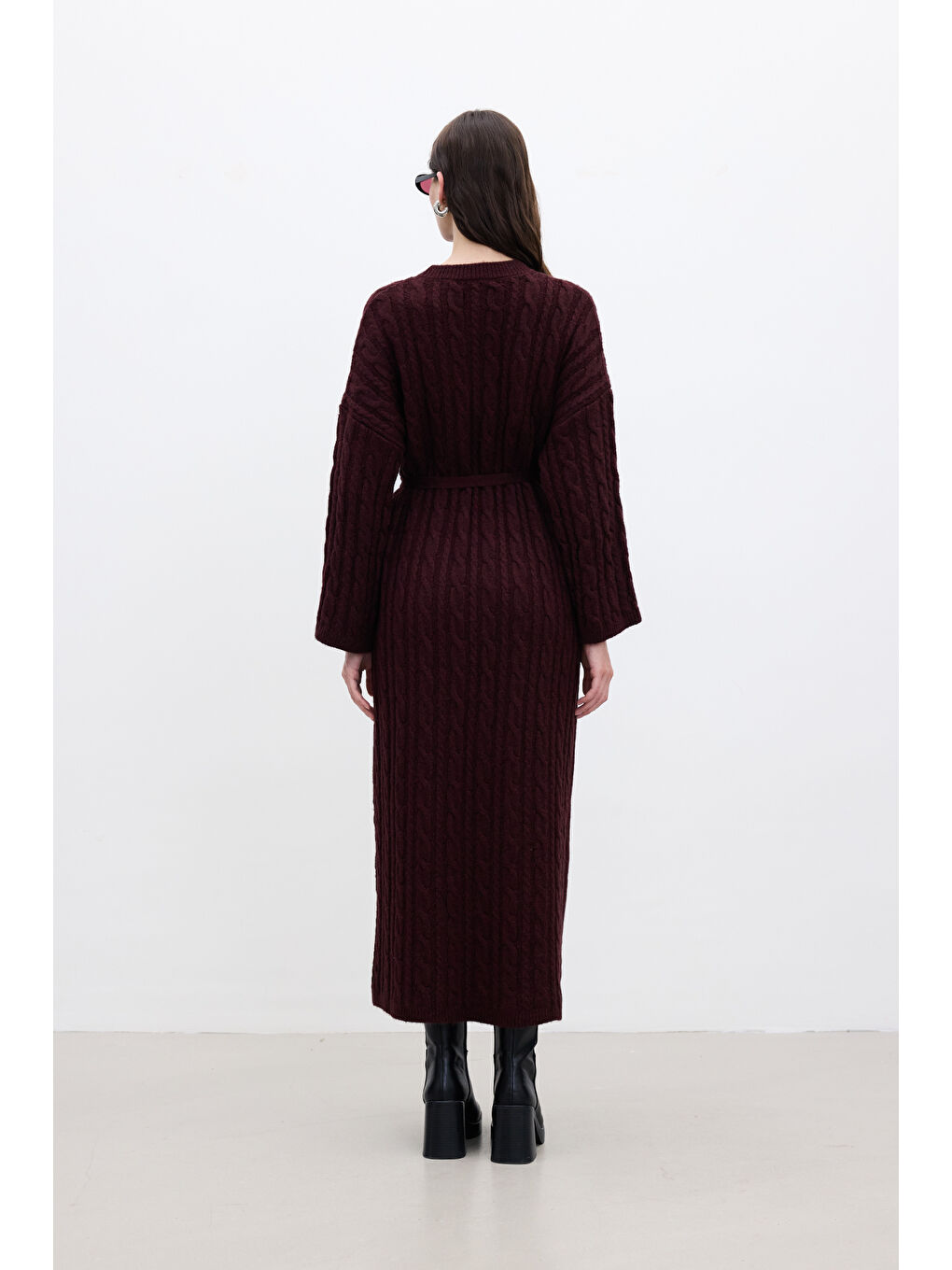 Saç Örgülü Triko Elbise Bordo-7