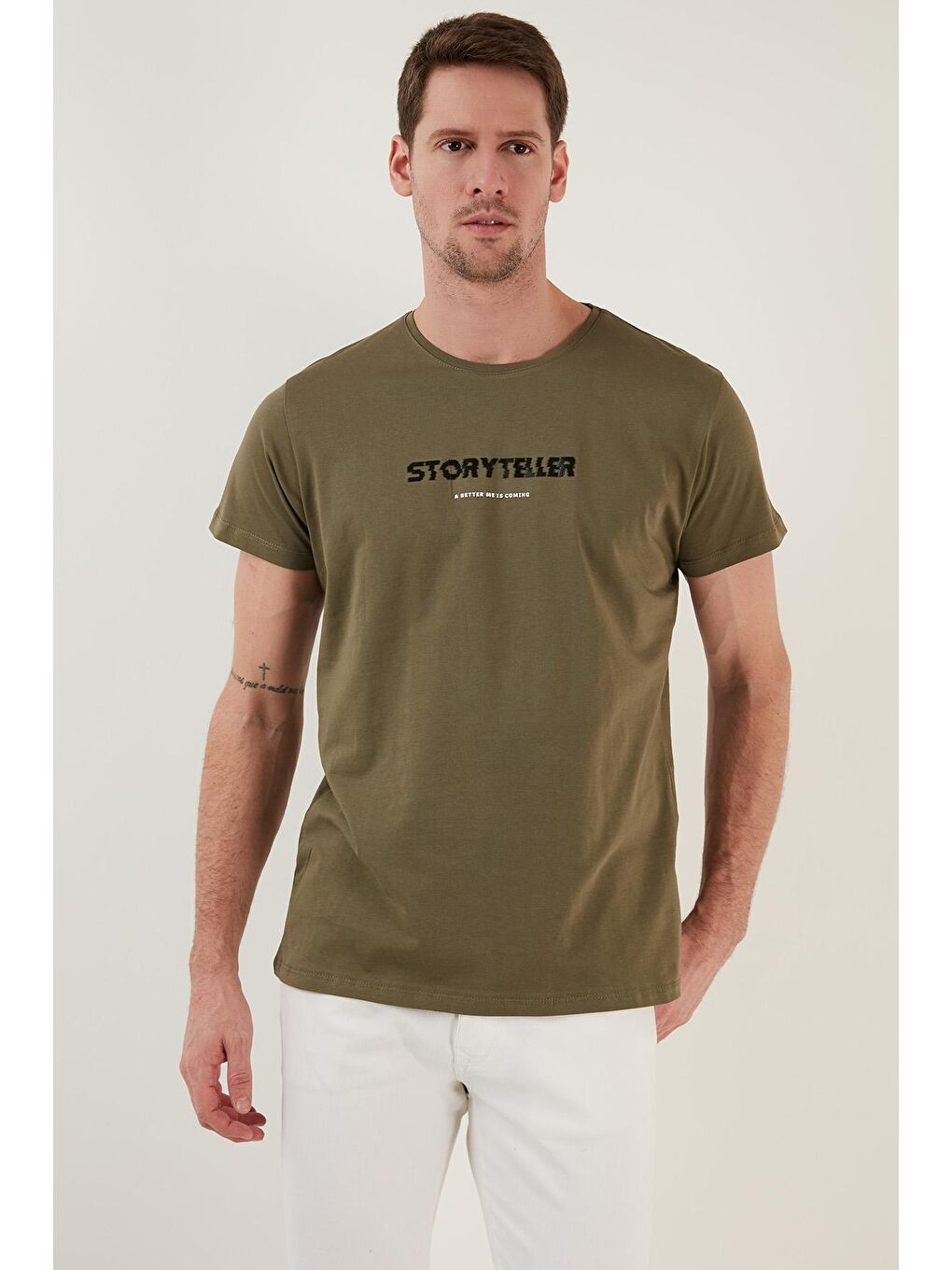 Haki Yazı Baskılı Bisiklet Yaka % 100 Pamuk Slim Fit Tişört 541STORYTELLER-2