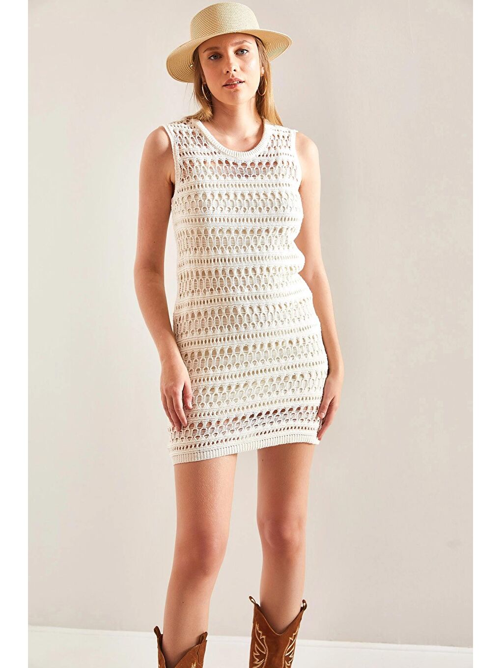 Ekru Kadın Dantel Desenli Triko Elbise