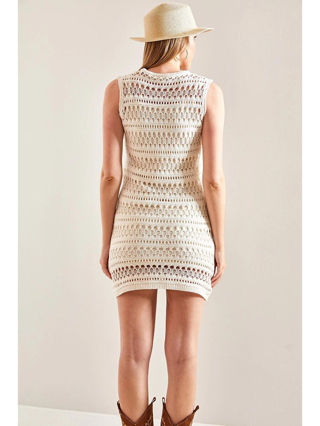 Ekru Kadın Dantel Desenli Triko Elbise-1