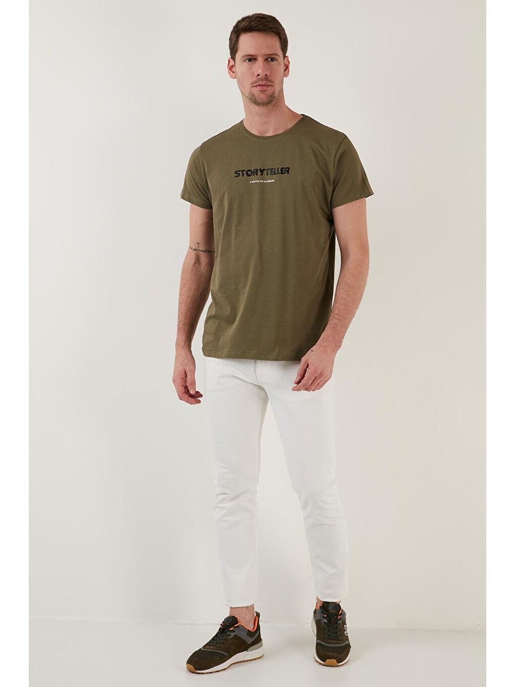 Haki Yazı Baskılı Bisiklet Yaka % 100 Pamuk Slim Fit Tişört 541STORYTELLER-3