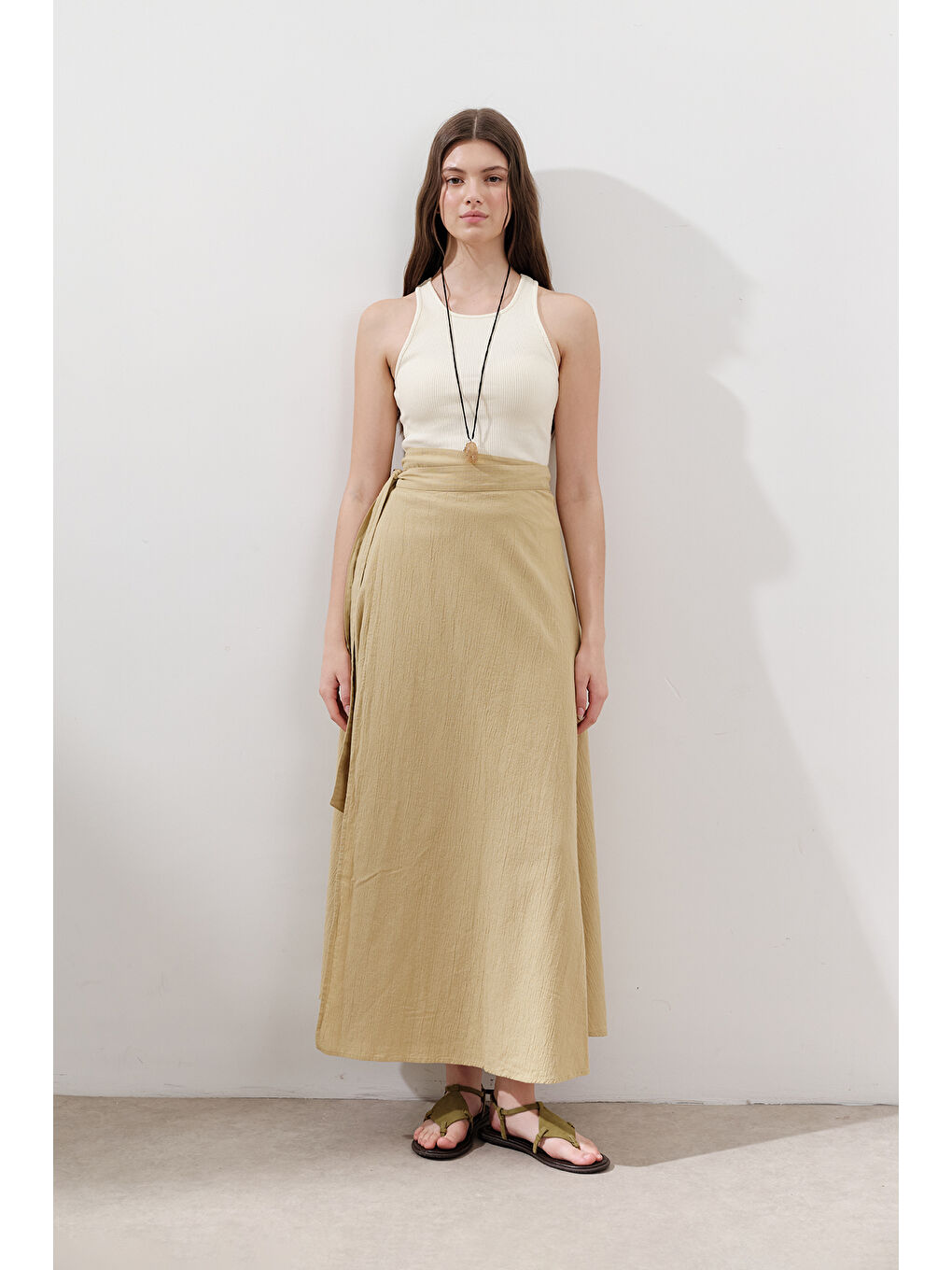 Pamuklu Bağlamalı Kruvaze Etek Sarı-3