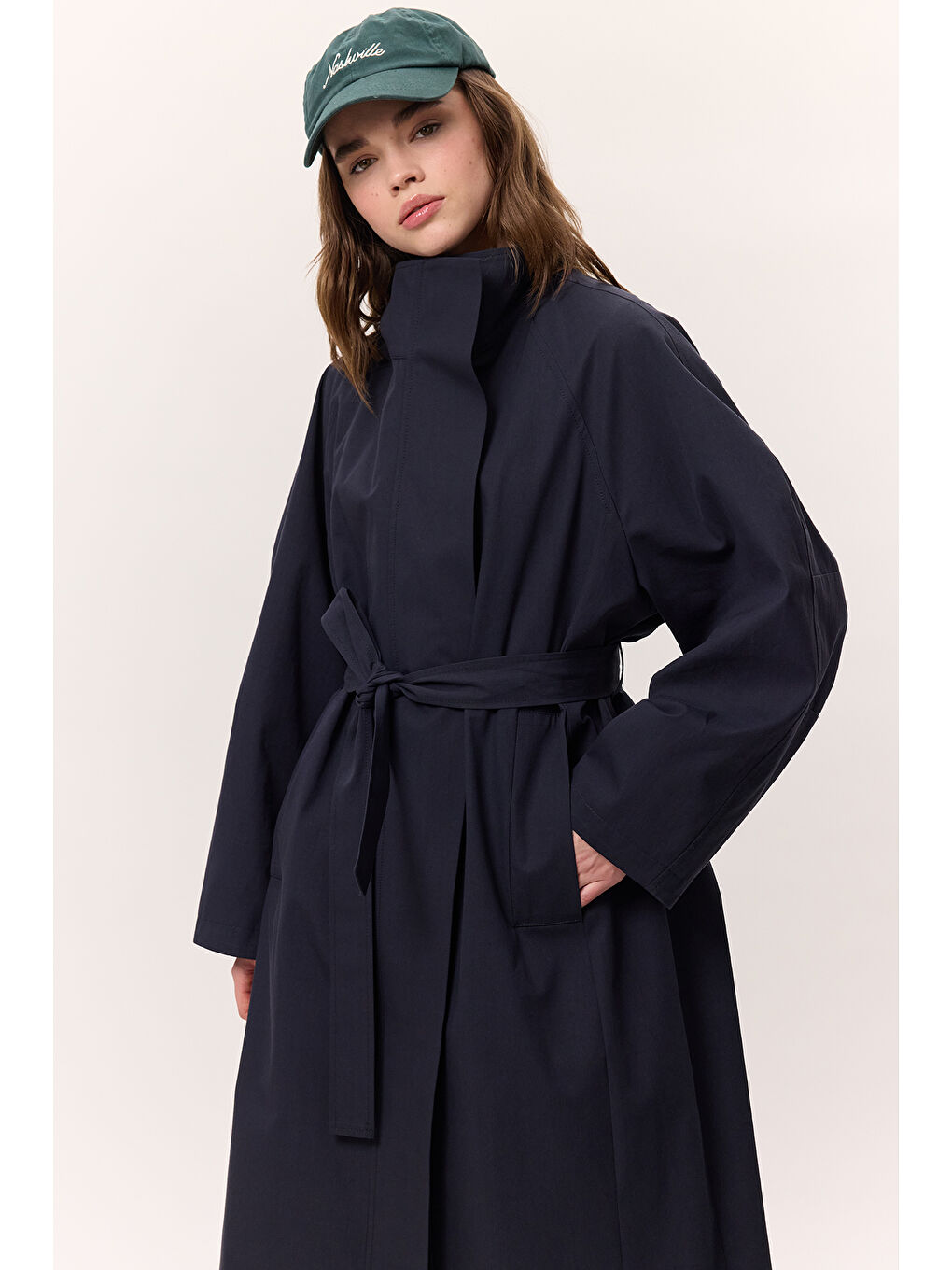 Yüksek Yaka Oversize Trençkot Lacivert-1
