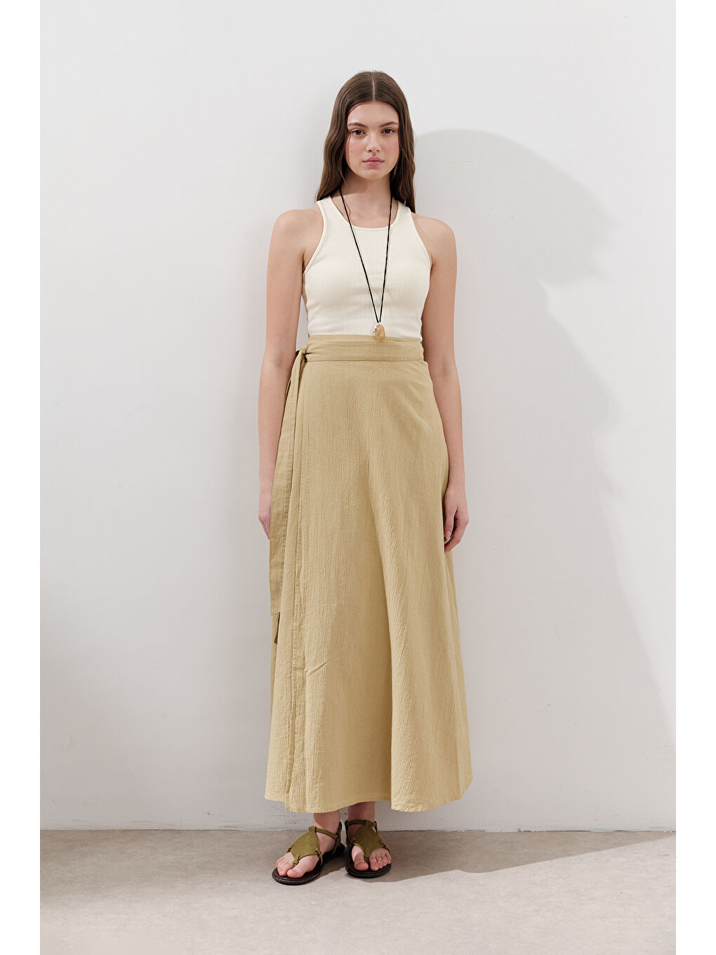 Pamuklu Bağlamalı Kruvaze Etek Sarı-4