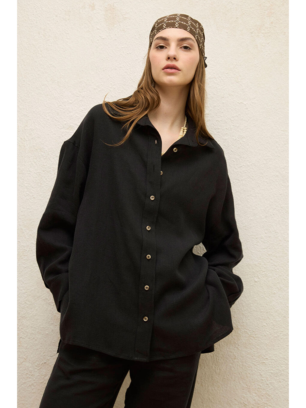 Keten Oversize Düğmeli Gömlek Siyah