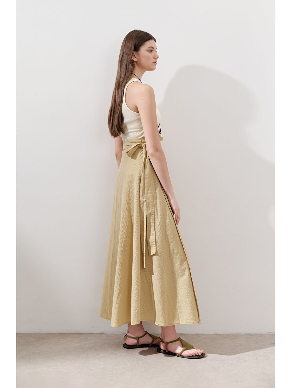 Pamuklu Bağlamalı Kruvaze Etek Sarı-5