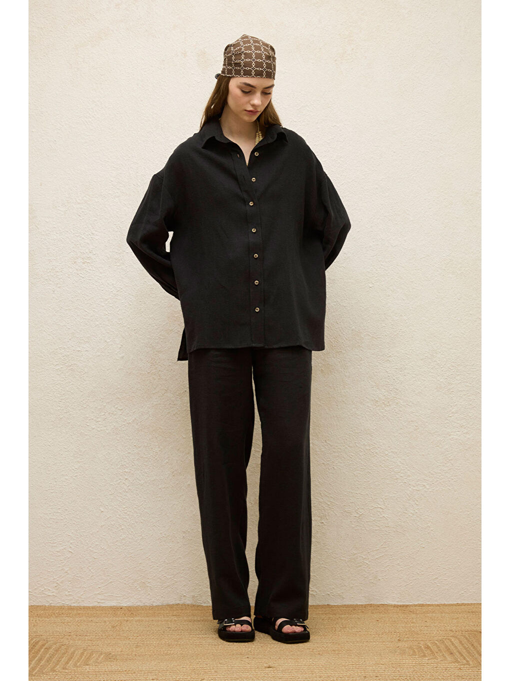 Keten Oversize Düğmeli Gömlek Siyah-2