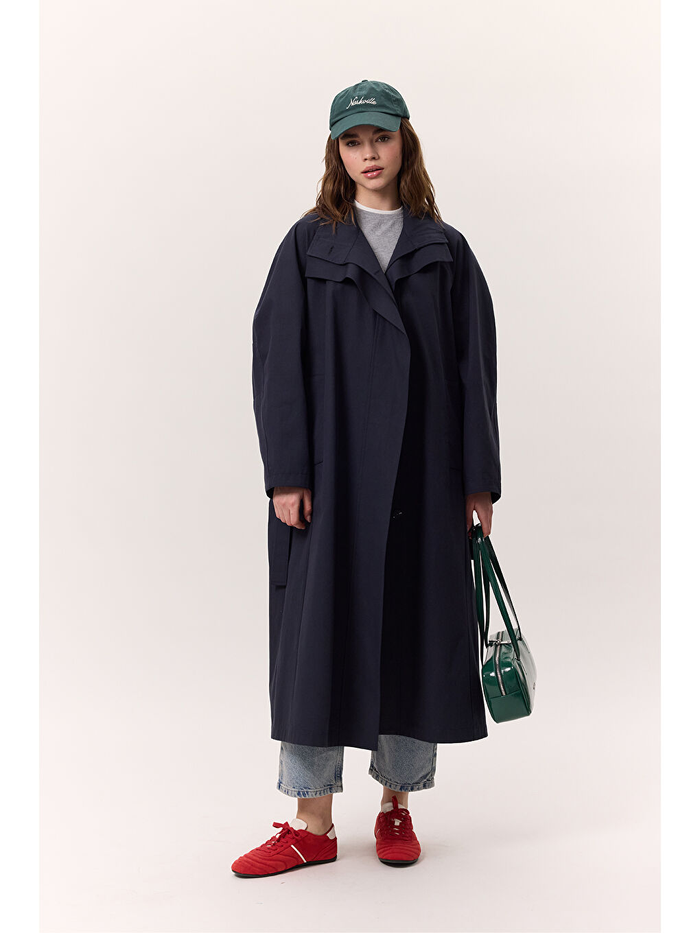 Yüksek Yaka Oversize Trençkot Lacivert-3
