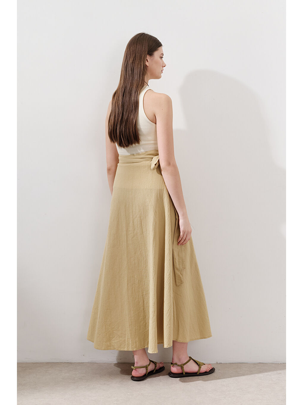 Pamuklu Bağlamalı Kruvaze Etek Sarı-6