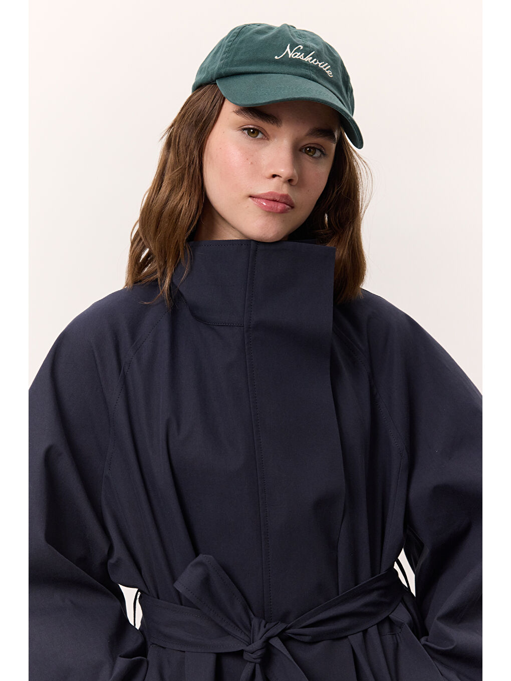 Yüksek Yaka Oversize Trençkot Lacivert-4