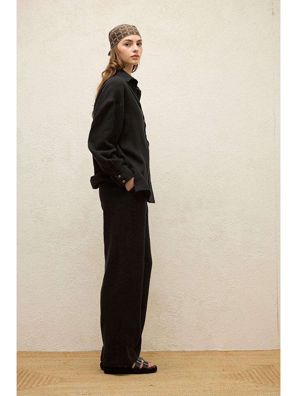 Keten Oversize Düğmeli Gömlek Siyah-4