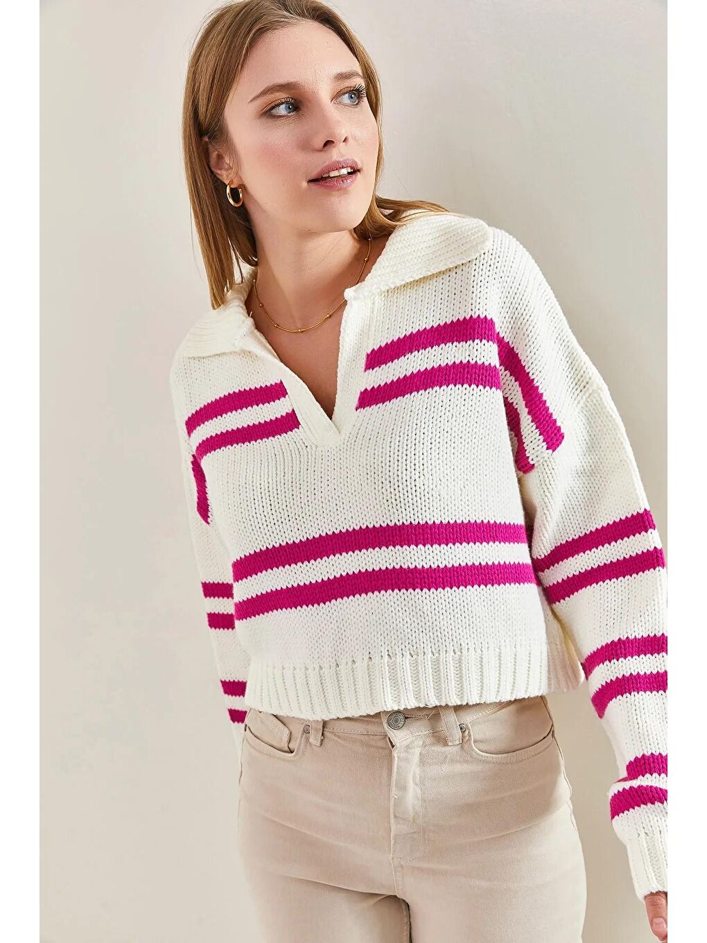 Beyaz Kadın Polo Yaka Çizgili Triko Kazak-1