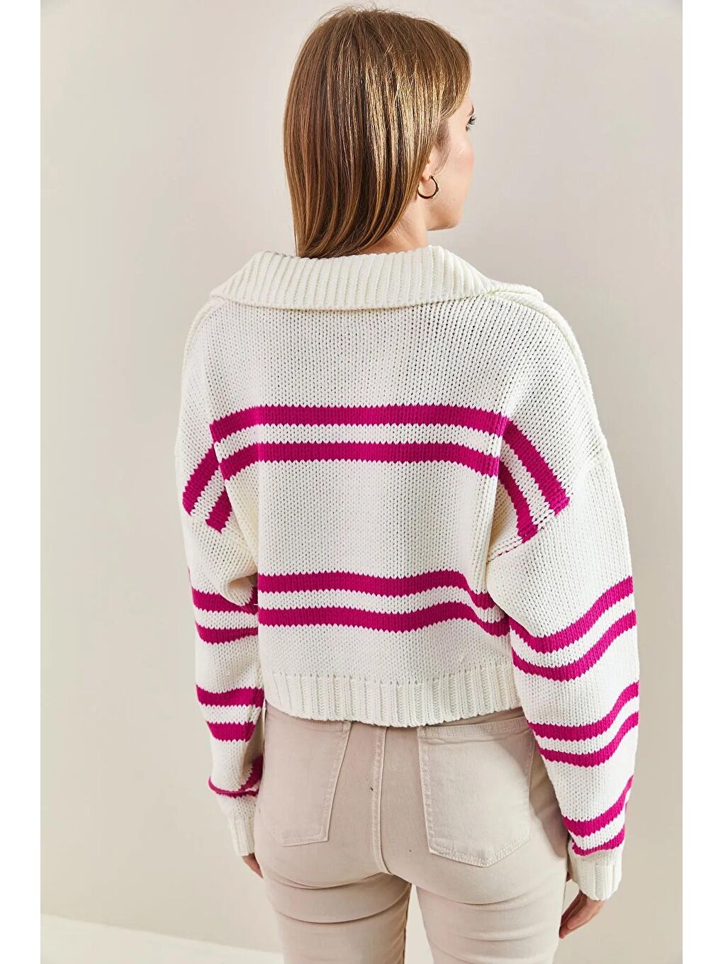 Beyaz Kadın Polo Yaka Çizgili Triko Kazak-2